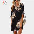 New summer fashion short sleeve print tie round neck dress